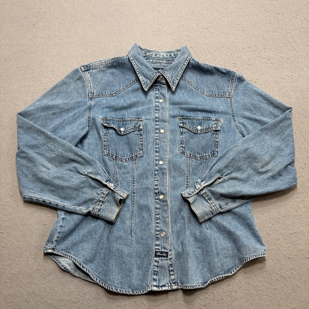 Western Shirt Womens Large Blue Denim Classic Pearl Snap Cotton Blue Age Utility